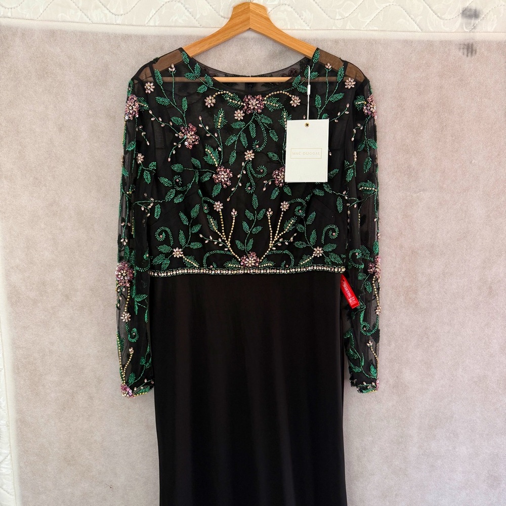 Mac Duggal Black Maxi Dress with Green Floral Embroidery - Picture 8 of 8